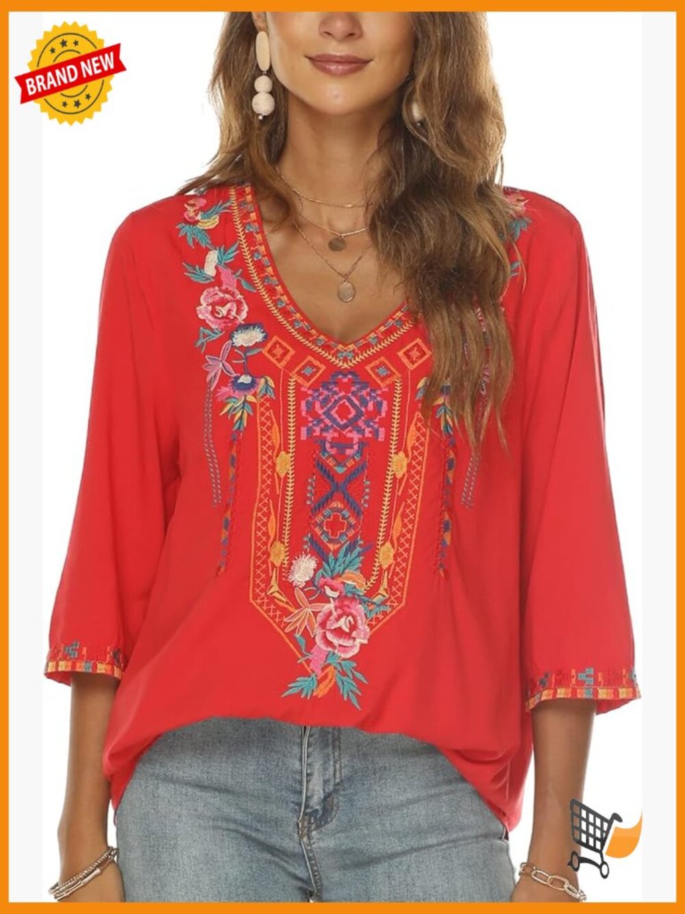 Embroidered Bohemian Peasant Blouse Tunic 3/4 Sleeve V-Neck Hippie Top